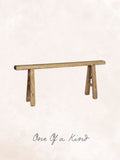 Vintage elm wood bench with rustic charm, unique wood variations, and natural distressing. Perfect for bedrooms, entryways, or living spaces.