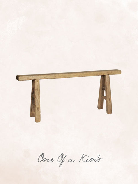Vintage elm wood bench with rustic charm, unique wood variations, and natural distressing. Perfect for bedrooms, entryways, or living spaces.